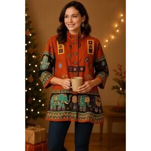 Indian Boho Elephant Print Jacket Womens L Orange Ethnic Festival Button Coat